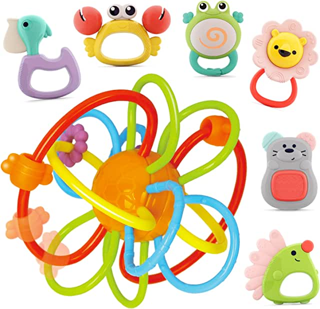 Nene Toys Set med 7 Färgglada Skramlor och Bitringar för Nyfödda Bebisar