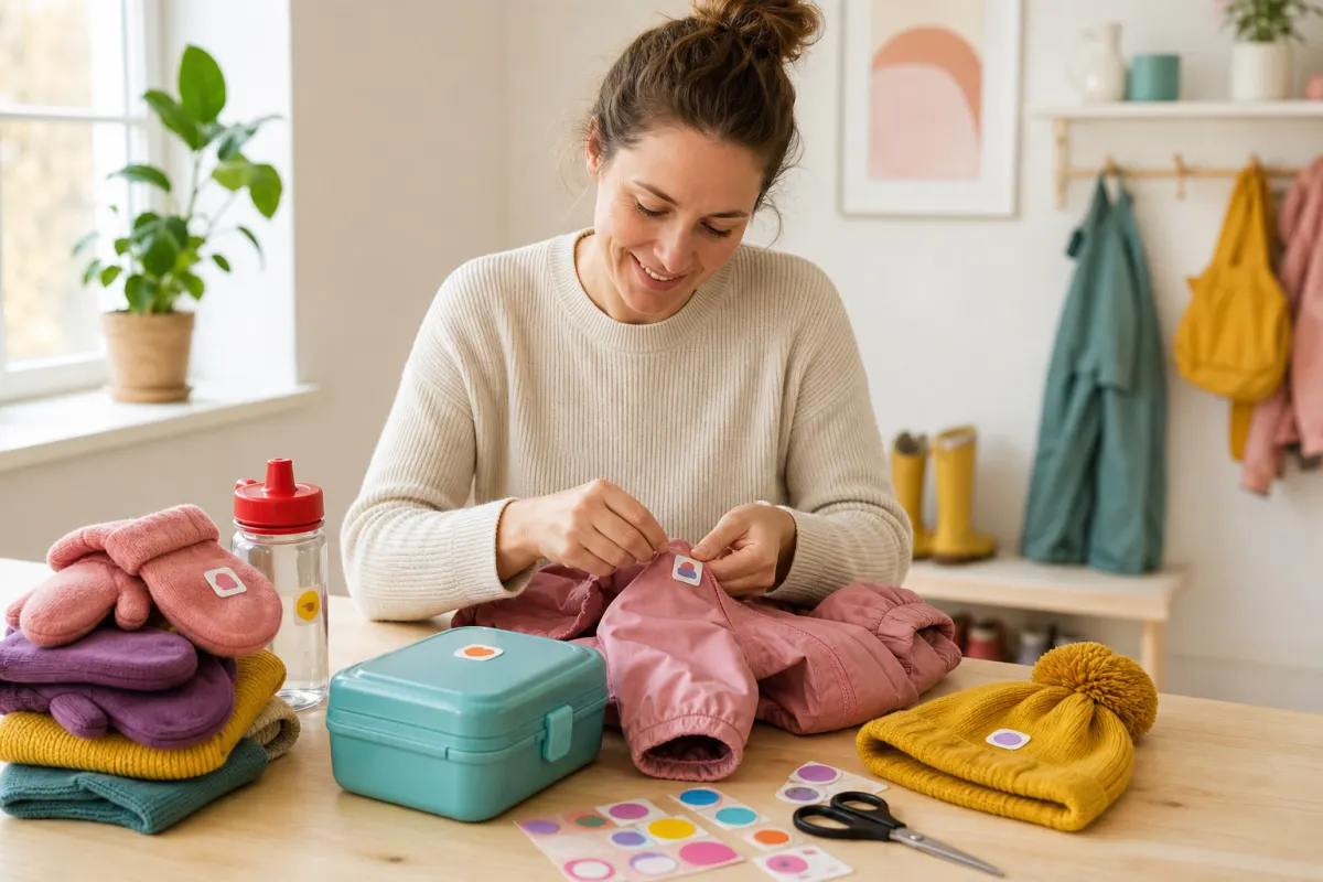 Förälder märker barnets vantar, mössa och matlåda med färgglada namnlappar inför förskolestarten