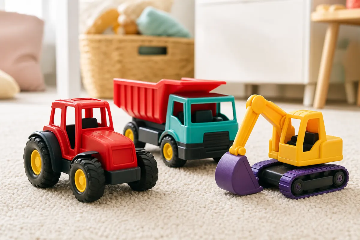 Generiska leksaksfordon, traktor, lastbil och grävmaskin i klara färger på en ljus matta