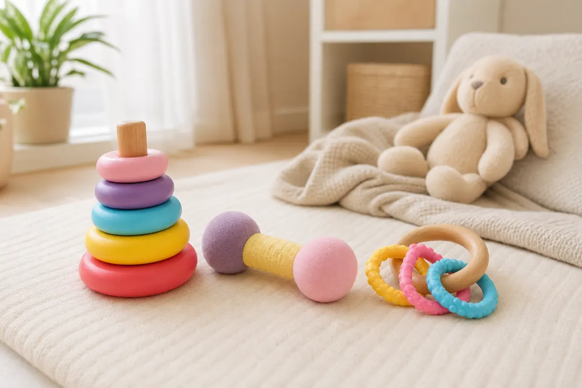 Mjuka generiska babyleksaker i pastellfärger på en ljus filt