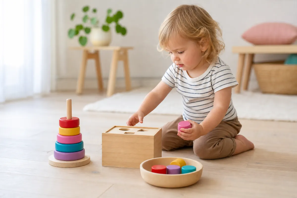 Litet barn leker med en montessori-inspirerad stapelleksak och sorteringsklossar i trä på ett ljust golv