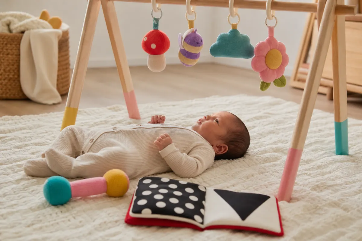 Nyfödd bebis på en ljus filt med svartvit kontrastbok, skallra och babygym