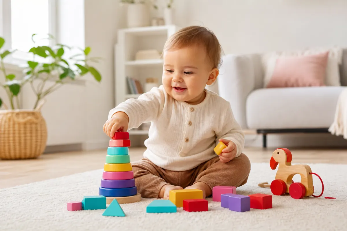 Ettåring sitter på golvet och staplar färgglada generiska klossar och ringpyramid