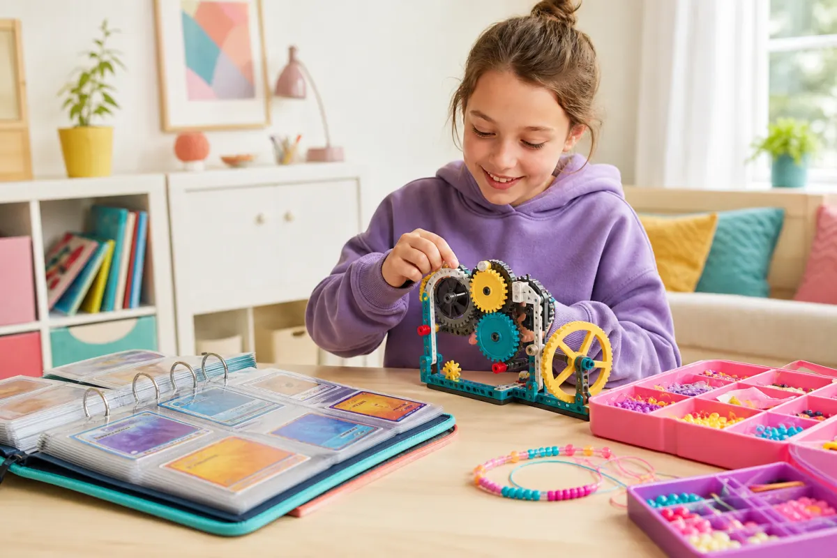 Presentidéer till en 10-åring: generiska samlarkort i pärm, teknisk byggsats och pysselset på ett ljust skrivbord