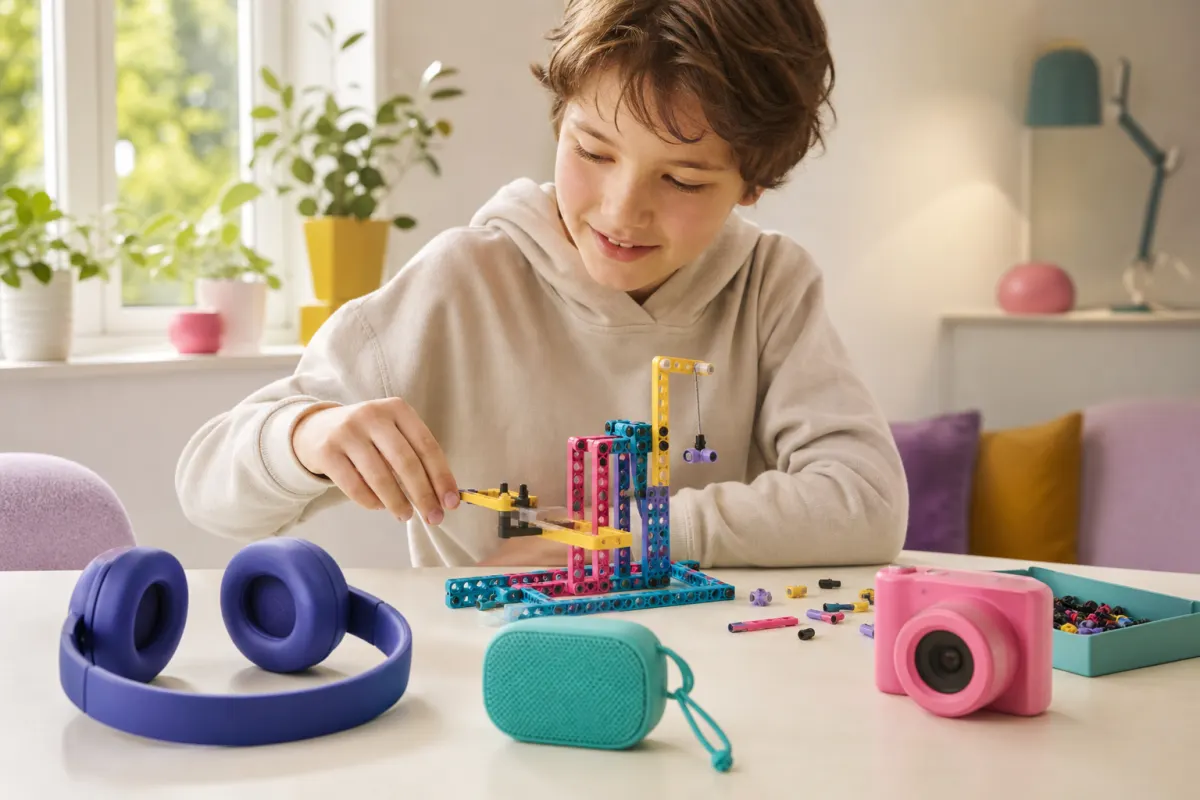 Presentidéer till en 11-åring: generiska hörlurar, bärbar högtalare, teknisk byggsats och kamera på ett ljust bord