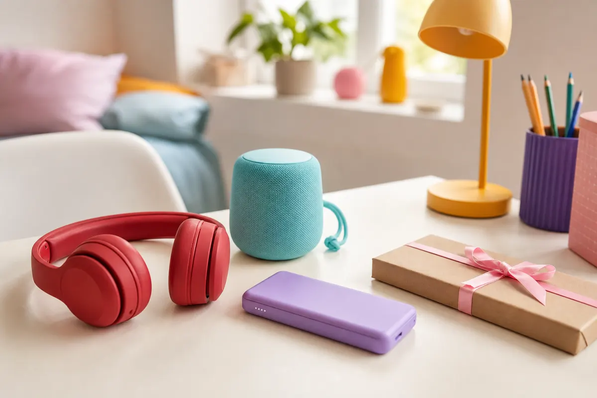 Presentidéer till en 13-åring: generiska hörlurar, bärbar högtalare, powerbank och presentkort på ett ljust skrivbord