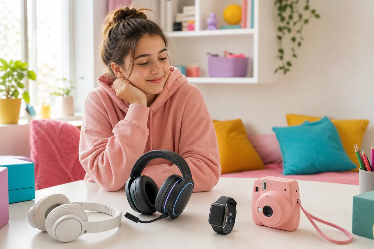 Presentidéer till en 14-åring: generiska hörlurar, gaming-headset, smartklocka och instantkamera i ett ljust ungdomsrum
