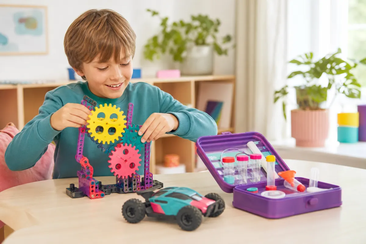 Presentidéer till en 9-åring: generisk byggkonstruktion, experimentlåda och radiostyrd leksaksbil på ett ljust bord