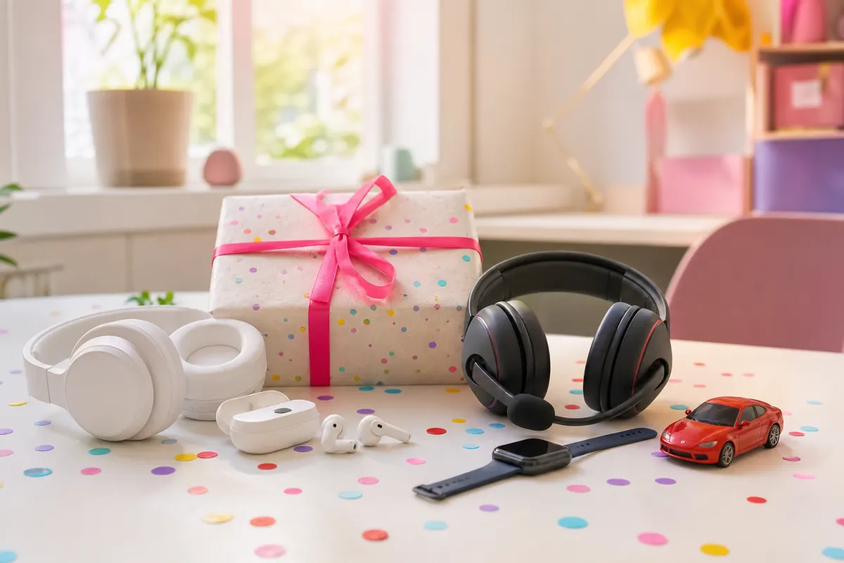 Skrivbordsstilleben med present till en 16-åring: trådlösa hörlurar, gaming-headset, smartklocka och ett inslaget paket
