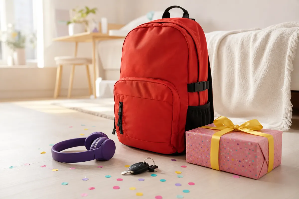 Framåtblickande present till en 17-åring: reseryggsäck, hörlurar, bilnycklar och ett inslaget paket på ett ljust trägolv