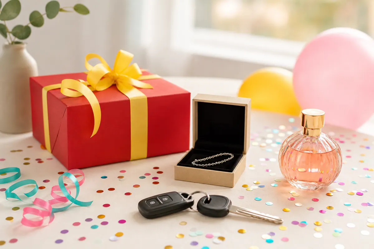 Festlig 18-årspresent med inslaget paket, ett smycke i en ask, bilnycklar och konfetti på ett ljust bord