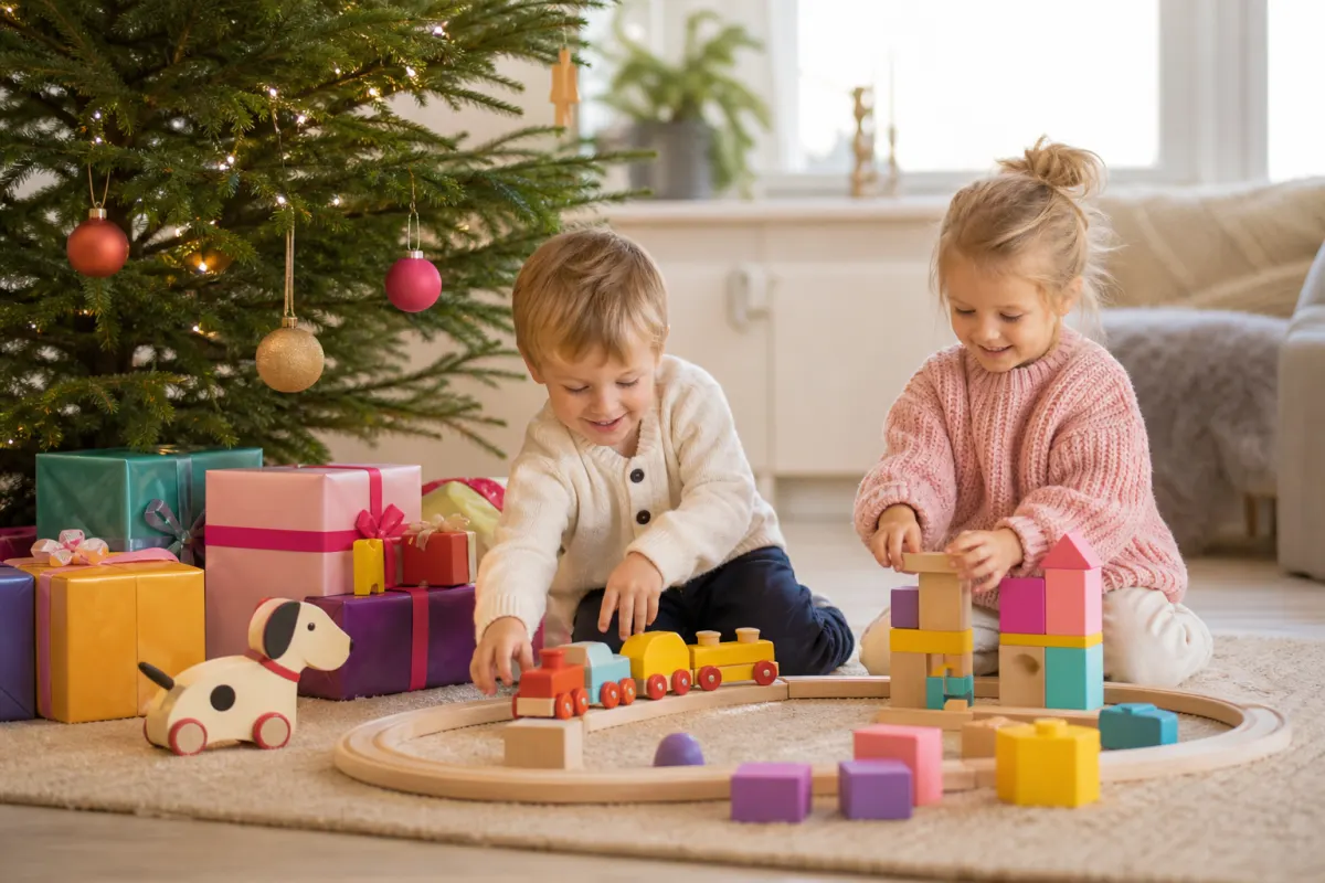 Inslagna julklappar under granen med generiska leksaker i varmt ljus