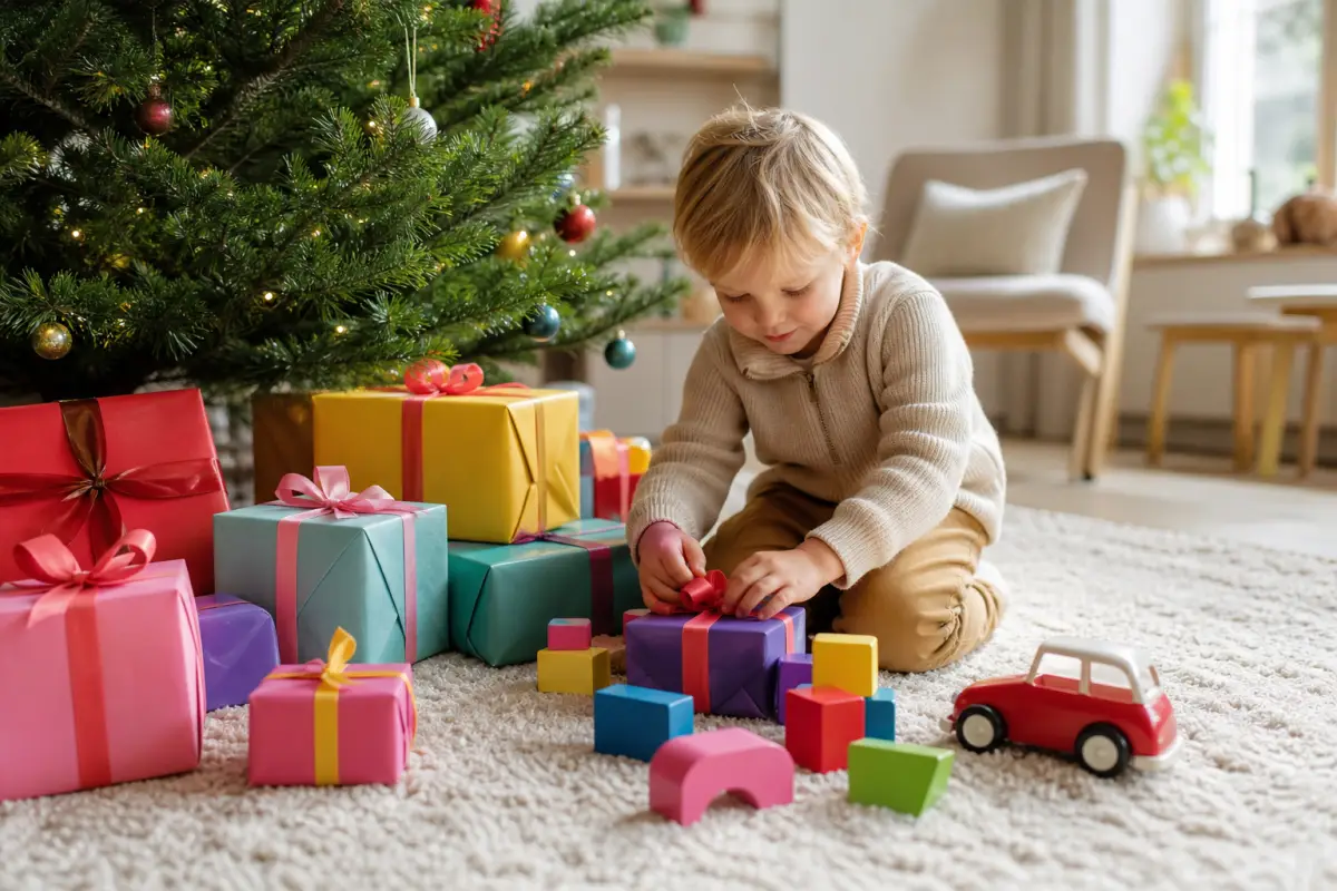 Flera små inslagna julklappar under granen med prisvärda generiska leksaker