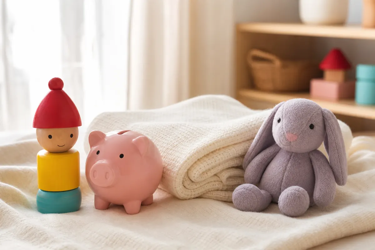 Klassiska generiska doppresenter på en mjuk filt: träfigur, spargris, babyfilt och gosedjur