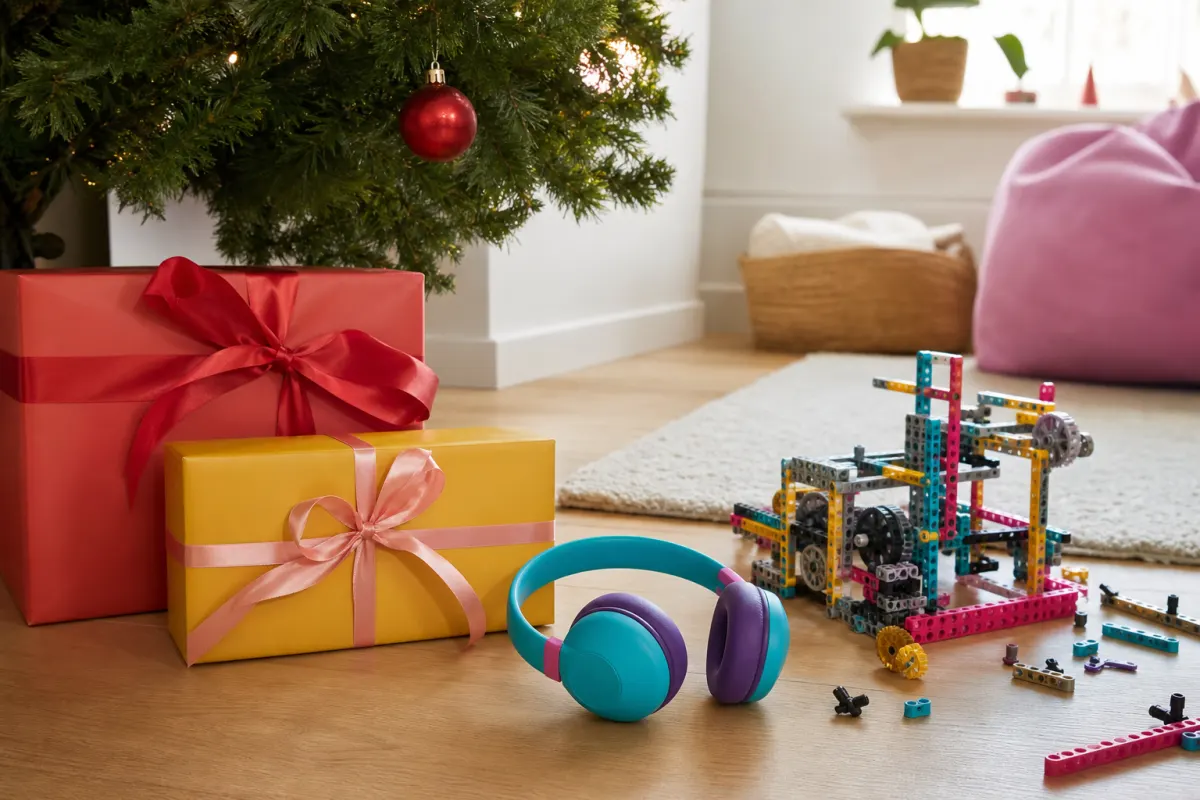 Inslagna julklappar med generiska prylar som hörlurar och en byggsats för äldre under en gran