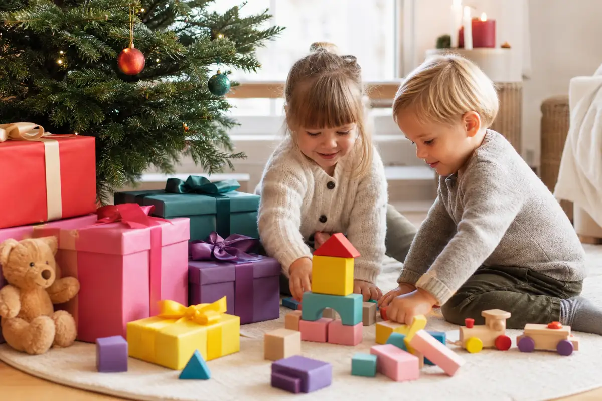 Inslagna julklappar i olika storlekar under granen med generiska barnleksaker i varmt ljus