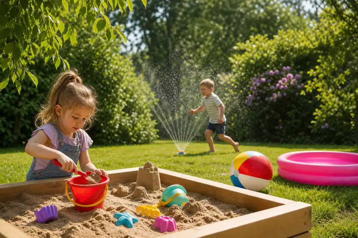 Färgglada generiska sommarleksaker i en solig trädgård med sandlåda, vattensprinkler och badpool