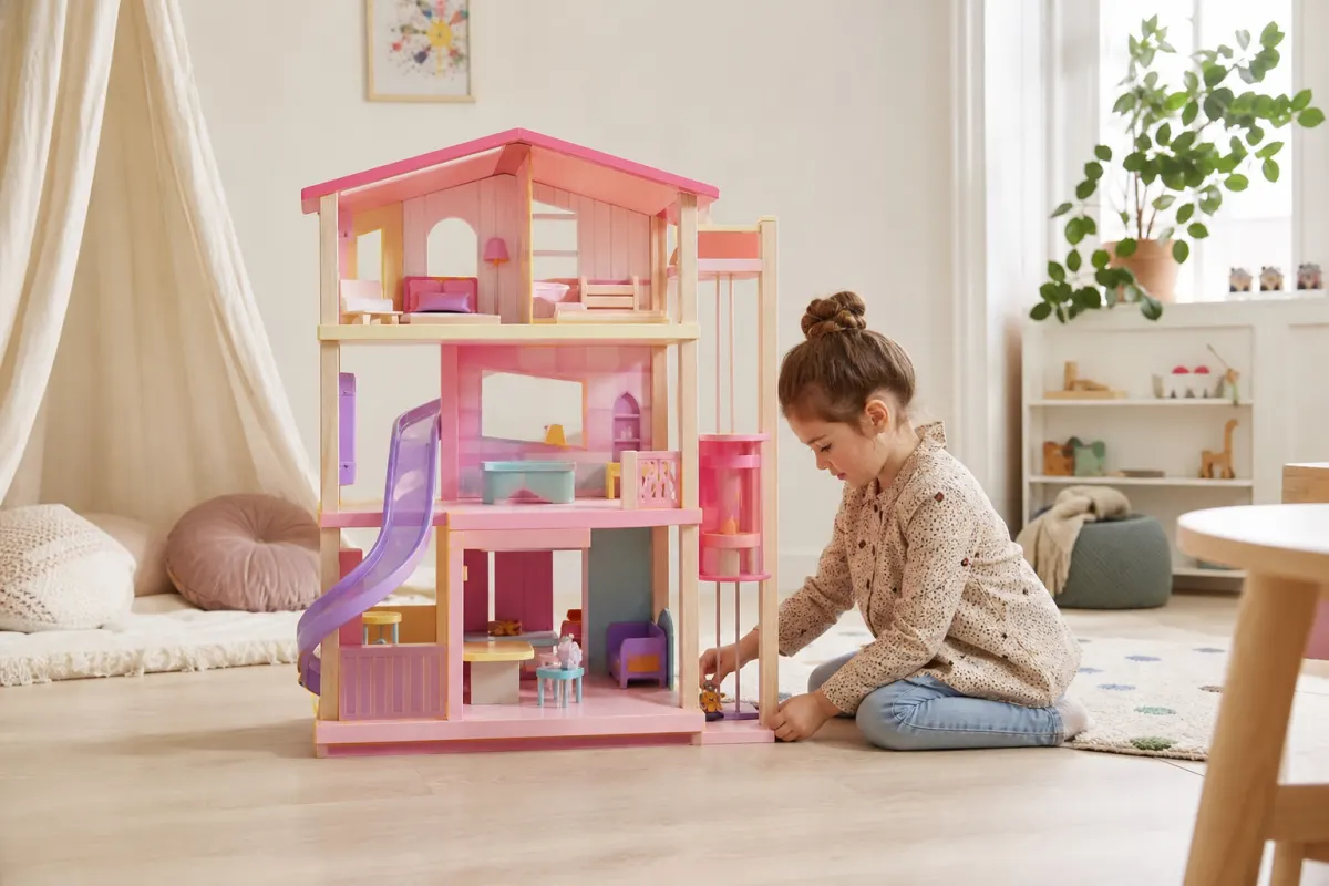 Generiskt rosa dockhus i flera våningar med små möbler, hiss och rutschkana i ett barnrum