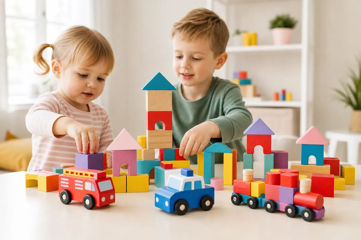 Liten leksaksstad av färgglada klossar med generisk brandbil, polisbil och tåg på ett ljust bord