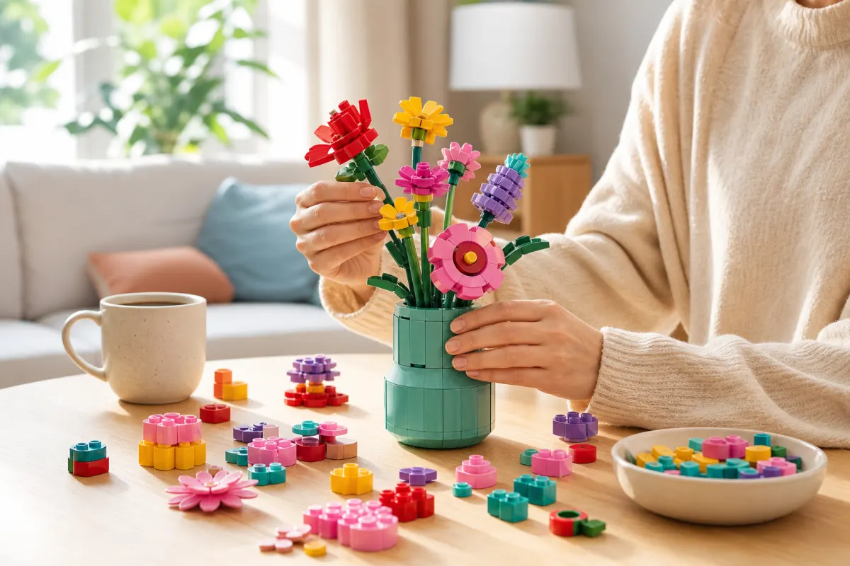 Vuxen persons händer bygger en dekorativ blombukett av färgglada klossar på ett ljust vardagsrumsbord