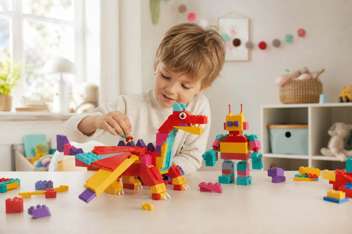 Färgglad byggleksaksdrake och en liten robotfigur i klossform på ett ljust barnlekbord