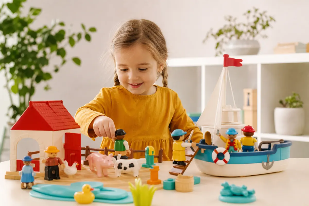 Generiska plastfigurer i en färgglad miniatyrmiljö för rollek på ett ljust bord