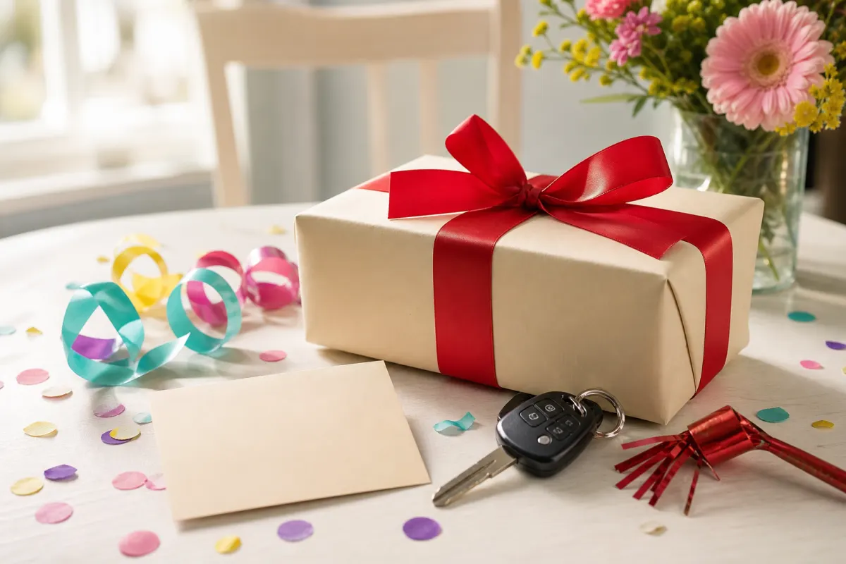 Vuxet presentstilleben för en 18-årsdag med inslaget paket, bilnycklar och presentkort på ett ljust bord