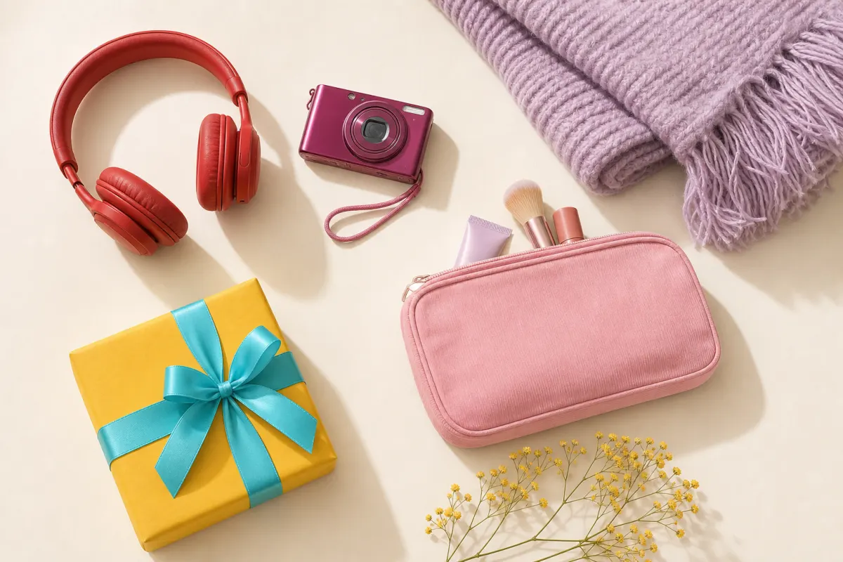Presentidéer till en 14-årig tjej i en ljus flatlay: hörlurar, kamera, sminkväska och inslagen klapp